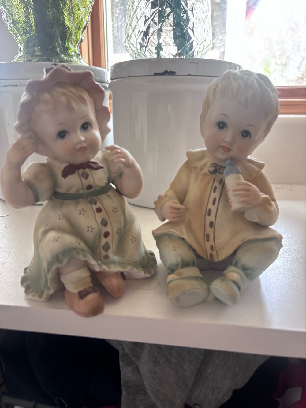 Porcelain Boy and Girl Figurine Pair - Cream and Pale Green Accent